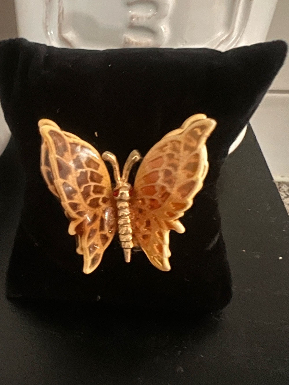 Vintage Gold-Tone Butterfly Pin with Amber Enamel Wings 3-D